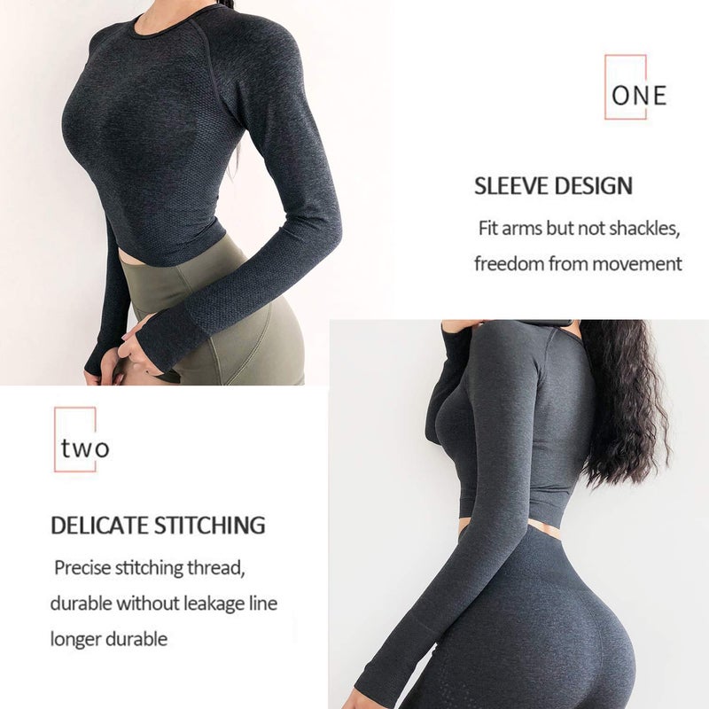 FITTOO Women's Long Sleeves Workout Crop Tops Seamless Sports Shirts Fitness Activewear Black M - Image 2